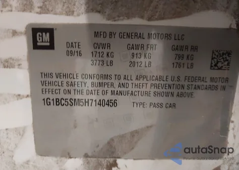 2017 Chevrolet Cruze Ls Auto z USA, uszkodzony, nr VIN 1G1BC5SM5H7140456